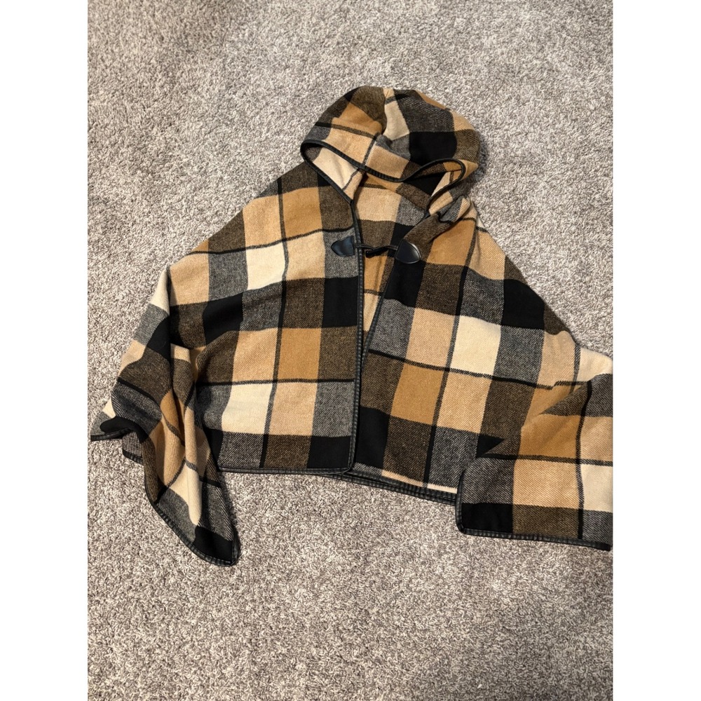 Womens Plaid Hooded Poncho Cape Wrap Tan Brown Black Toggle Closure One Size